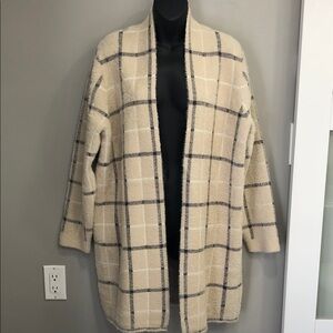 Cyrus Longline Sweater Coat | Cream & Brown Windowpane Plaid | Size 1X